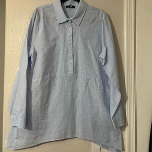 Blue linen cotton blend tunic. Longer on sides. Roll up sleeves. Size L